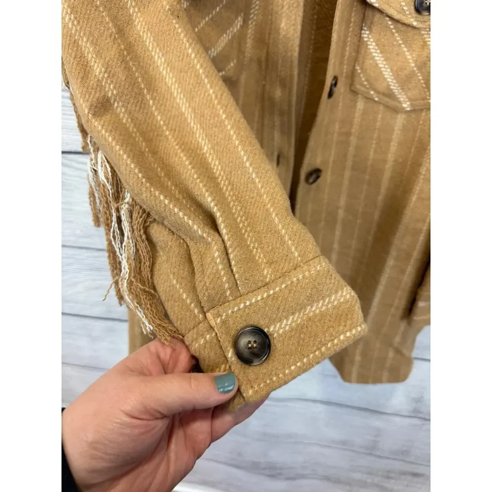 Impressions Women's Tan & Cream Fringe Back Button Up Shacket Size Small